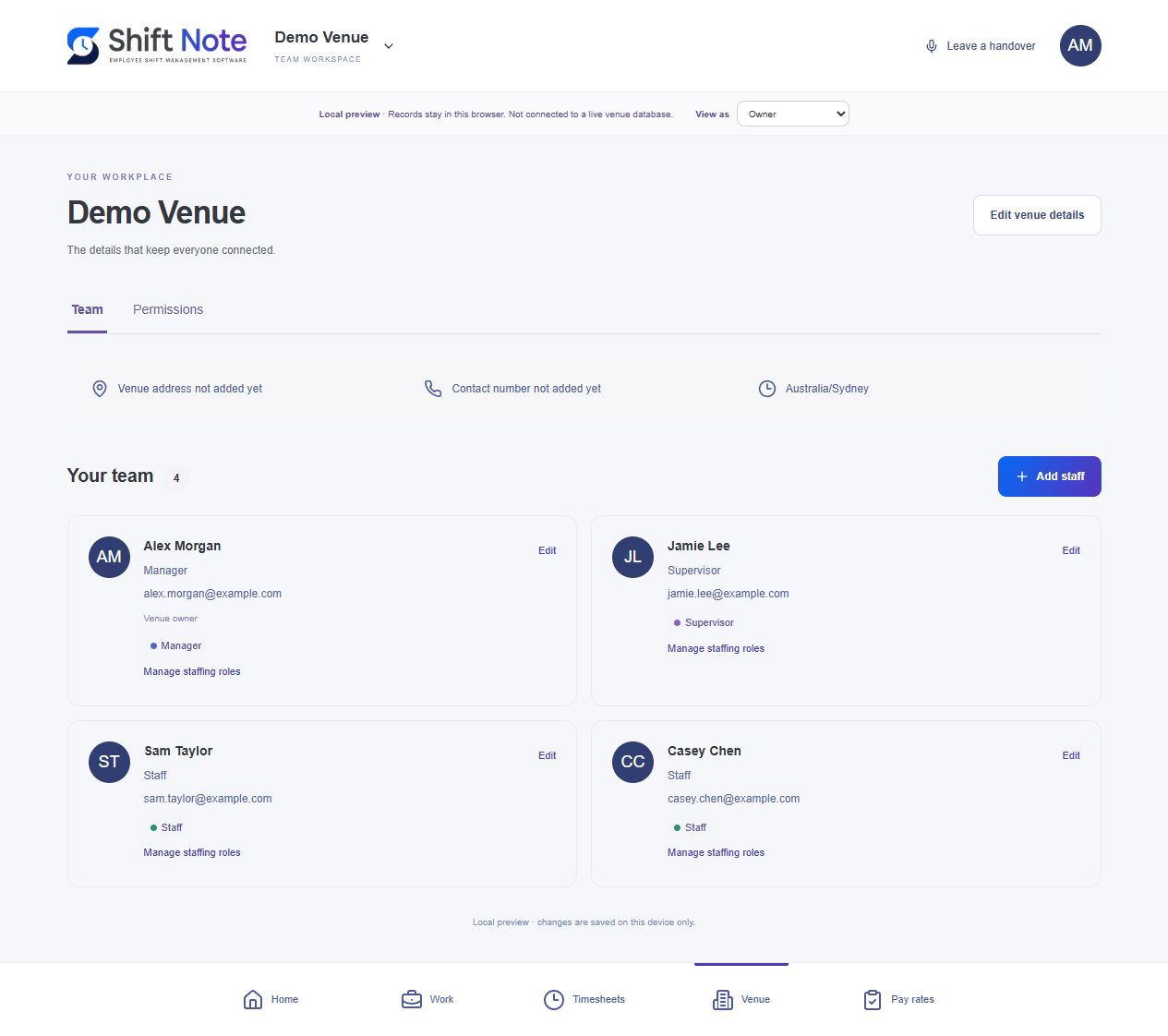 ShiftNote venue and team setup with example staff